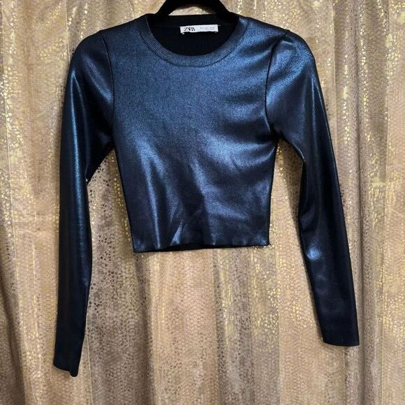 Zara Tops - ZARA Navy Blue Metallic Foil Cropped Long Sleeve Futuristic Top Slim Small